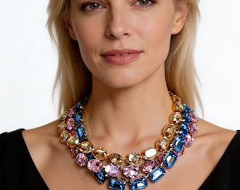 anna wintour necklace, sapphire octagon Austrian crystal riviere, pink large oval collet silver, champagne Georgian paste, mother of bride