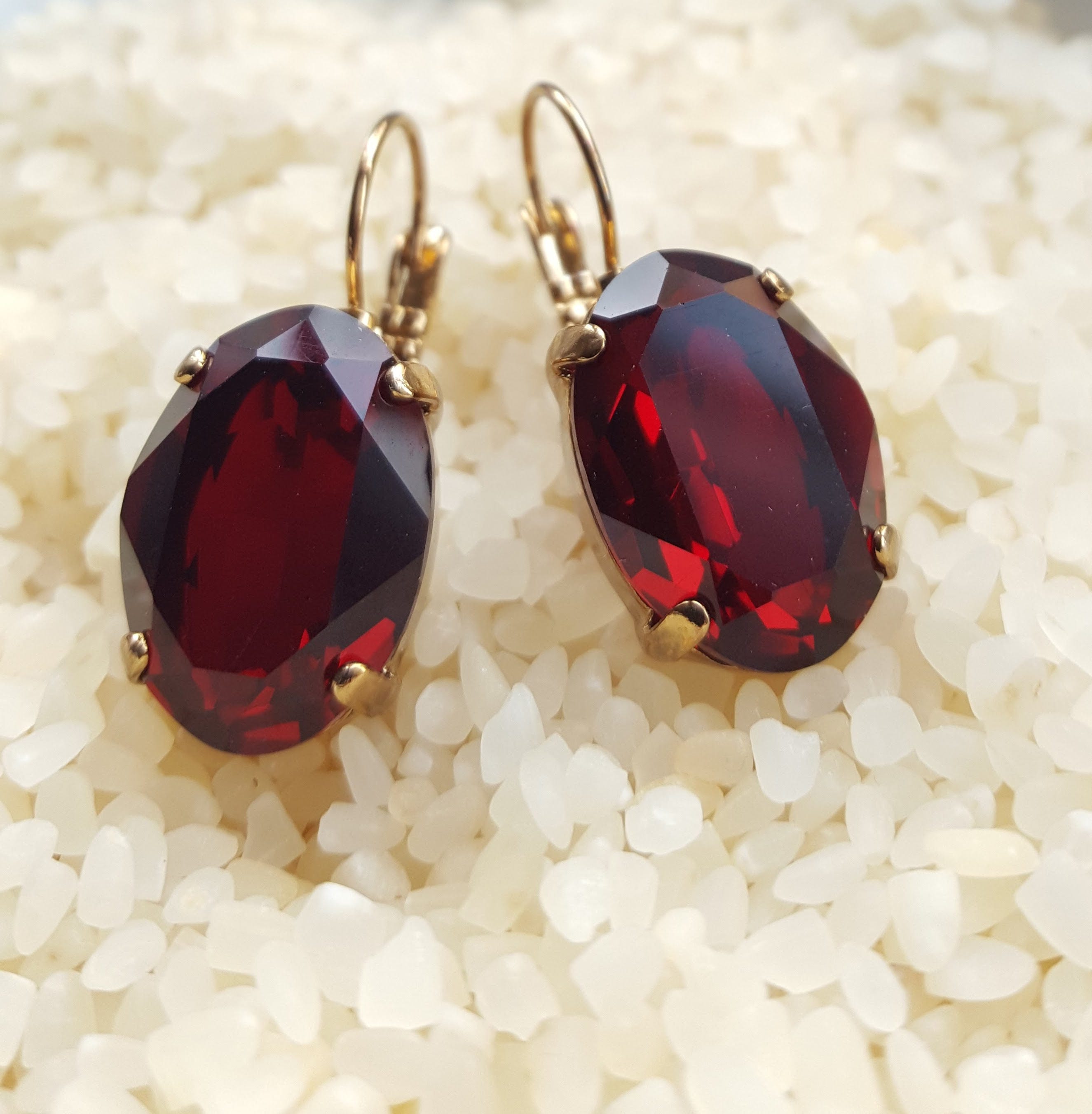 Swarovski Garnet Oval Gold Dangle Earringsgeorgian Paste - Etsy Canada