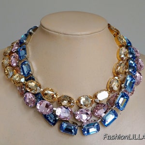 anna wintour necklace, sapphire octagon Austrian crystal riviere, pink large oval collet silver, champagne Georgian paste, mother of bride zdjęcie 1