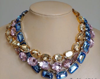 anna wintour necklace, sapphire octagon Austrian crystal riviere, pink large oval collet silver, champagne Georgian paste, mother of bride