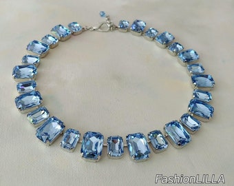 anna wintour necklace, Austrian crystal light sapphire collet, Swiss topaz blue Georgian paste, rectangle riviere,mother of bride, geometric