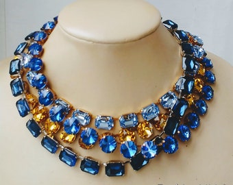 Anna Wintour necklace,Austrian crystal blue crystal necklace,sapphire and topaz necklace,blue and gold wedding,blue statement necklace gold,