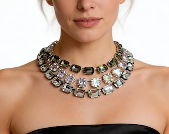 Asscher Cut Riviere Necklace: Black Diamond Ana Wintour Necklace, Georgian Paste, Mother of Bride