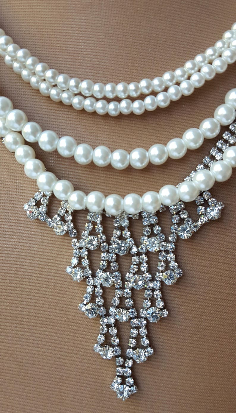 4 strand pearl rhinestone necklace,pearl bridal necklace,vintage look rhinestone choker,cascading rhinestone with pearls,Hollywood Glamour