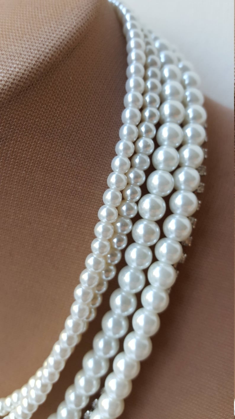 4 strand pearl rhinestone necklace,pearl bridal necklace,vintage look rhinestone choker,cascading rhinestone with pearls,Hollywood Glamour