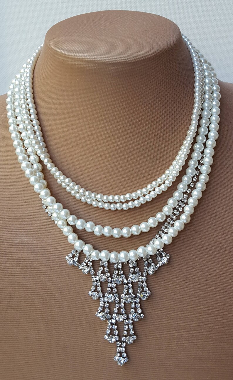 4 strand pearl rhinestone necklace,pearl bridal necklace,vintage look rhinestone choker,cascading rhinestone with pearls,Hollywood Glamour