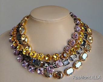 Swarovski Crystal Statement Necklace: Champagne, Black Diamond, & Light Pink