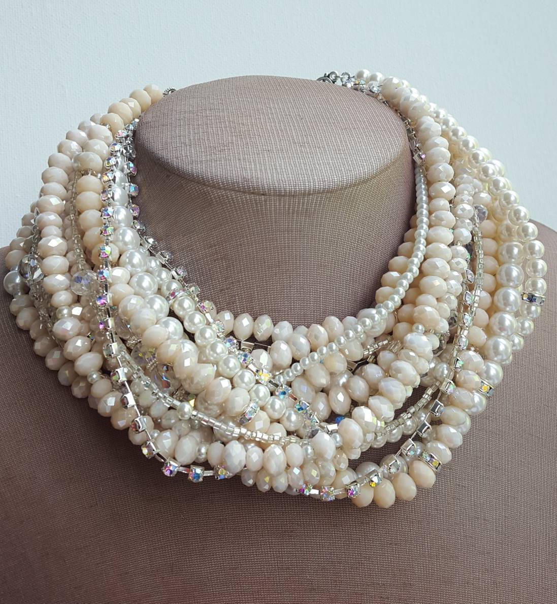 Multistrand blush pearl crystal boho statement necklacenude | Etsy