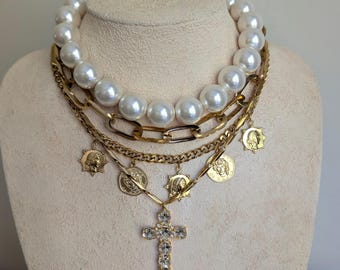 Chunky layered pearl and chain necklace set, boho pearl choker, diamond cross pendant, coin necklace for layering, large chain choker gold
