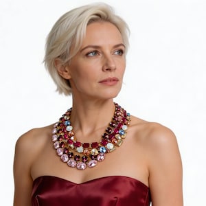 Austrian crystal anna wintour necklace, pink rhinestone statement necklace, burgundy wine bridesmaid jewelry, champagne sapphire rivoli