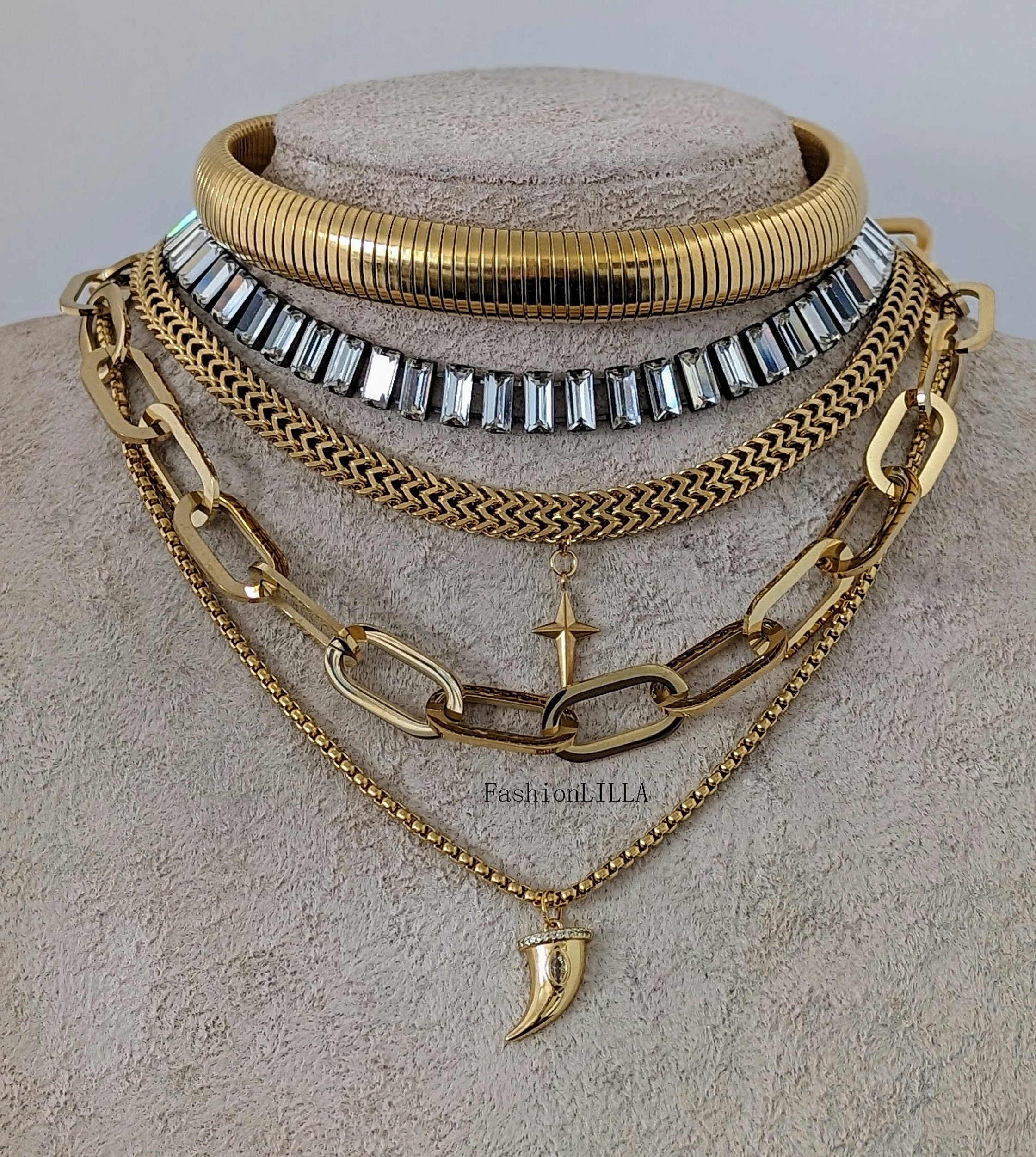 Layered chunky chain necklace set gold, boho textured multilayer necklace, baguette crystal choker, stainless steel torque, horn pendant