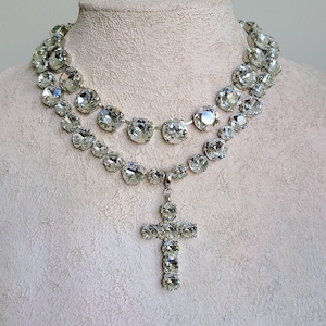 Old mine cut diamond collet, crystal cross pendant silver, Ana Wintour style, religious bridal necklace, rose cut Georgian paste riviere