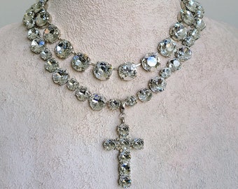 Old mine cut diamond collet, crystal cross pendant silver, Ana Wintour style, religious bridal necklace, rose cut Georgian paste riviere