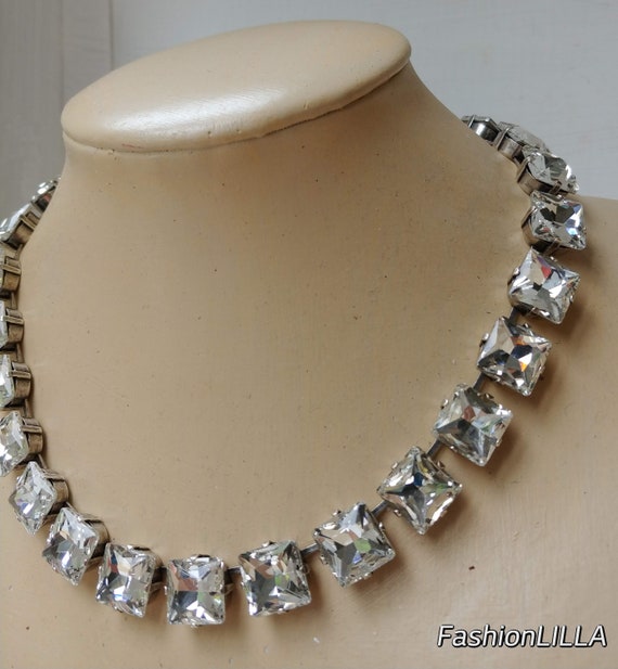 Princess Cut Necklace Georgian Paste Riviere Square Crystal