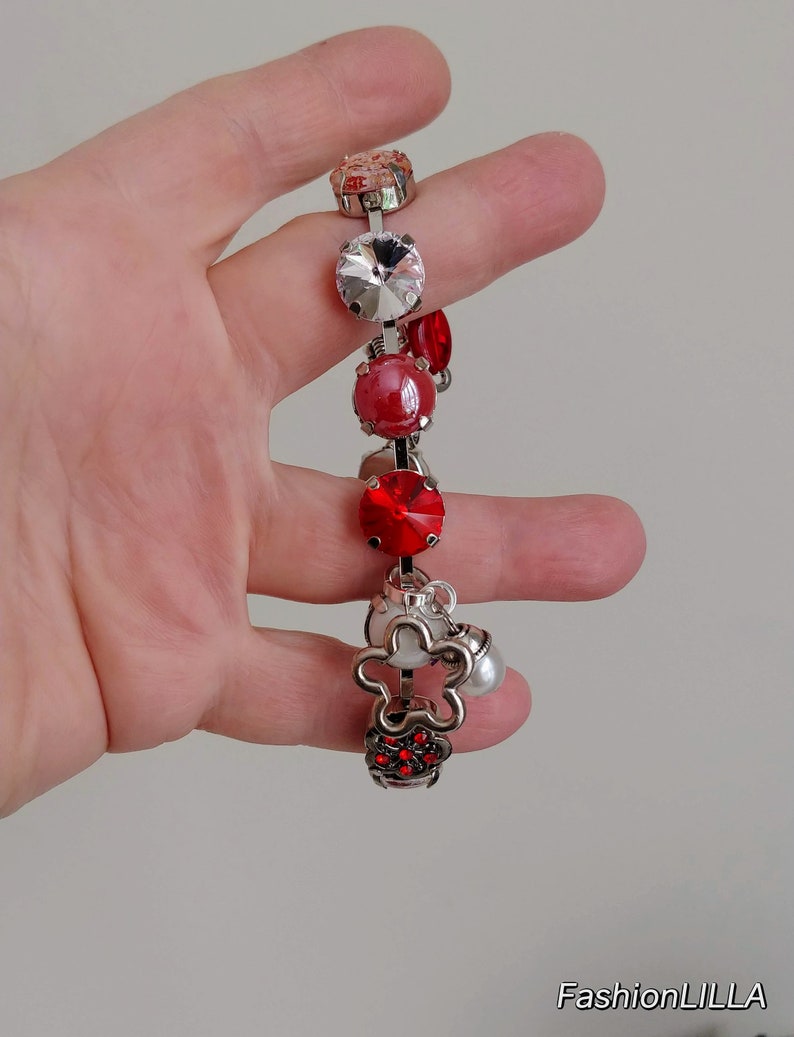charm bracelet,multicolor rhinestone bracelet,whimsical bracelet,red bracelet,colorful jewellery,summer jewellery,red and white bracelet