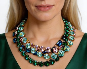 Anna Wintour necklace,multicolor Georgian Paste necklace, pink bridesmaid jewelry, aquamarine collet, montana sapphire statement necklace