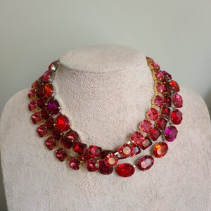 Rose pink Georgian Paste collet, Anna Wintour style, Austrian crystal harlequin necklace, ruby red riviere, cushion cut tennis necklace gold