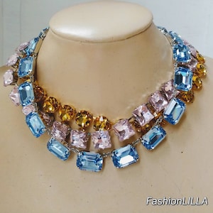 Glacier Blue Crystal Statement Necklace: Pink Sapphire & Yellow Topaz
