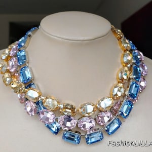 anna wintour necklace, sapphire octagon Austrian crystal riviere, pink large oval collet silver, champagne Georgian paste, mother of bride zdjęcie 7