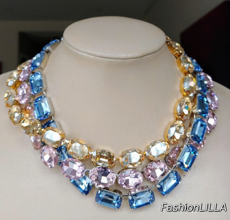 anna wintour necklace, sapphire octagon Austrian crystal riviere, pink large oval collet silver, champagne Georgian paste, mother of bride zdjęcie 7
