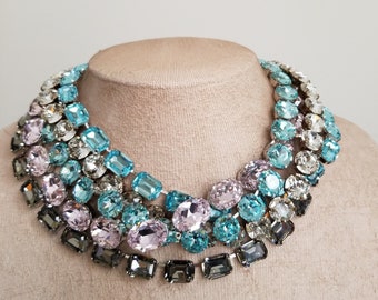 anna wintour necklace, Austrian crystal pink oval riviere,Georgian paste, black diamond collet, rose cut aquamarine mother of bride necklace