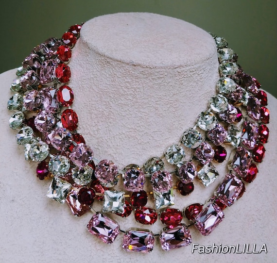 Necklace Jewelry Necklaces Natural Stone SS Garnet and Blue/Rose/Gold Crystal 3-Strand with 2in ext
