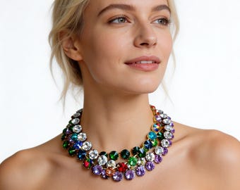 Anna Wintour Style Diamond Crystal Necklace: Emerald Statement Choker, Violet collet, Mother of Bride
