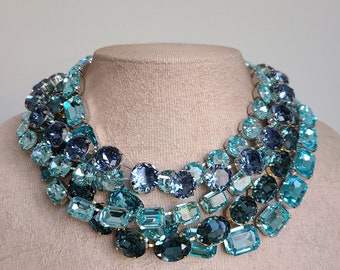 anna wintour necklace,Aquamarine Austrian crystal riviere necklace, Indian sapphire statement collet,brilliant cut layering crystal necklace