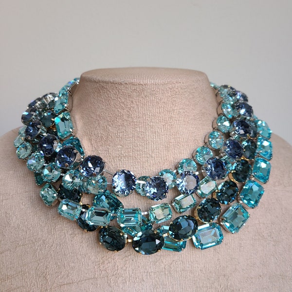 anna wintour necklace,Aquamarine Austrian crystal riviere necklace, Indian sapphire statement collet,brilliant cut layering crystal necklace