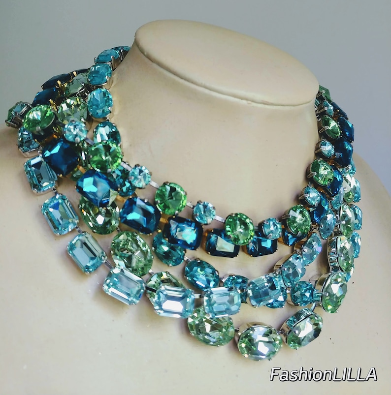 anna wintour necklace, Aquamarine riviere, crystolite green statement collet, sapphire layering Austrian crystal necklace, Georgian paste image 2