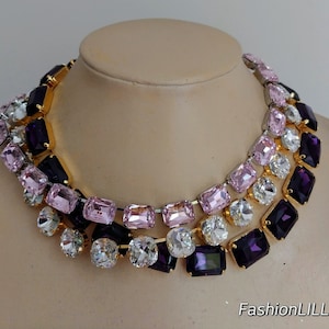 anna wintour necklace,cushion cut Swarovski crystal necklace,purple crystal statement necklace,light pink Georgian Paste collet,bridesmaid
