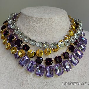 Austrian crystal provence lavender riviere,plum burgundy anna wintour necklace,topaz Georgian paste collet,imperial square diamante necklace