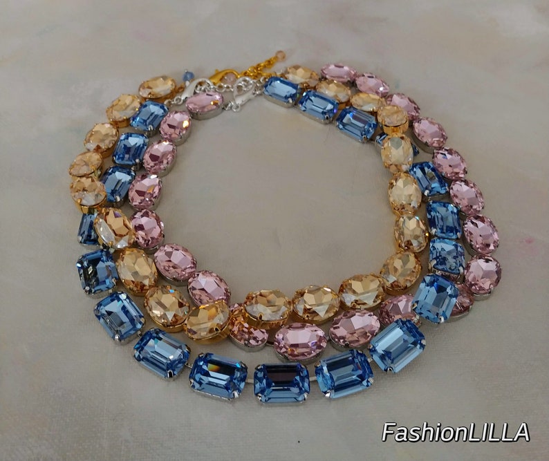 anna wintour necklace, sapphire octagon Austrian crystal riviere, pink large oval collet silver, champagne Georgian paste, mother of bride zdjęcie 4