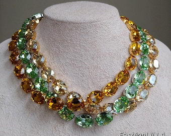 Oval Austrian crystal anna wintour statement necklace,topaz Georgian paste collet,crystolite green riviere,golden silk champagne necklace