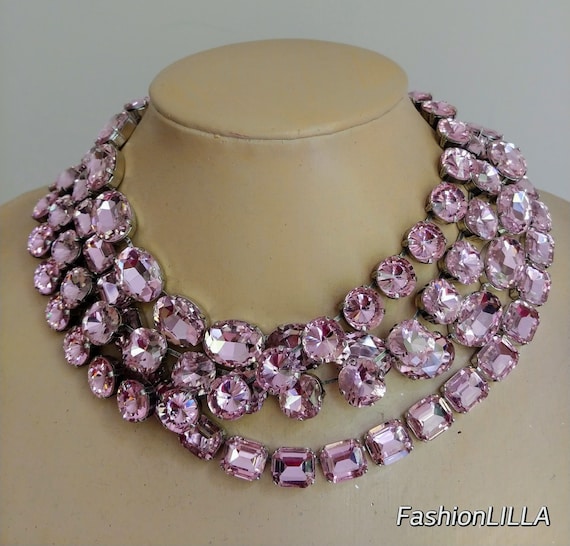 Anna Wintour Necklace, Austrian Crystal Baby Pink Riviere Necklace