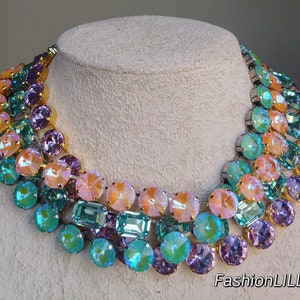 Anna wintour necklace, Austrian crystal aquamarine Georgian paste, pastel spring color riviere, iridescent peach, violet bridesmaid  collet