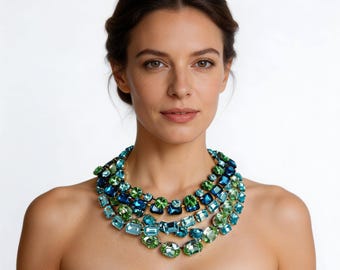 Aquamarine Anna Wintour Style Necklace,  Austrian Crystal Peridot Riviere, Chunky Crystolite Green Statement Collet, Mother of Bride