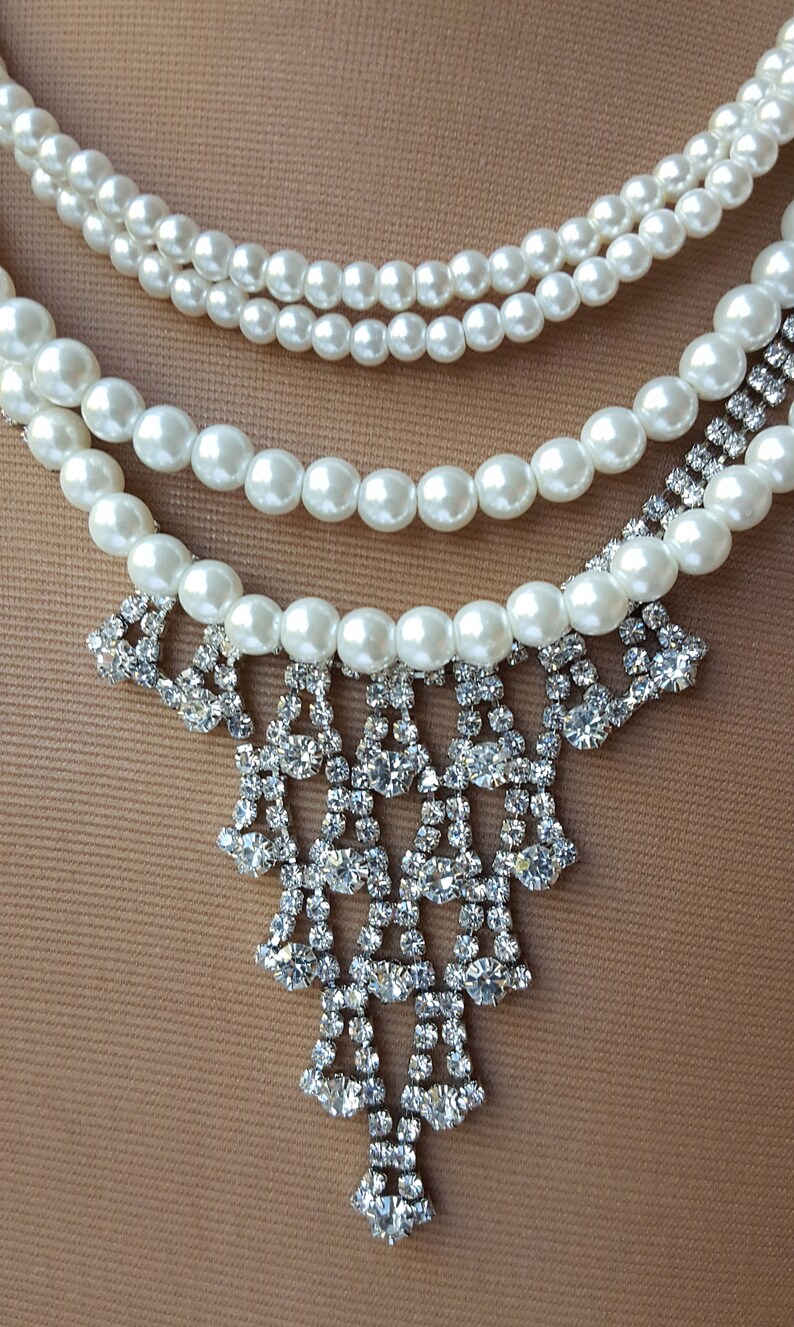4 strand pearl rhinestone necklace,pearl bridal necklace,vintage look rhinestone choker,cascading rhinestone with pearls,Hollywood Glamour