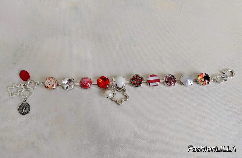 charm bracelet,multicolor rhinestone bracelet,whimsical bracelet,red bracelet,colorful jewellery,summer jewellery,red and white bracelet