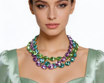 Oval Aquamarine Riviere, Green Anna Wintour Necklace, Violet Georgian Paste Collet