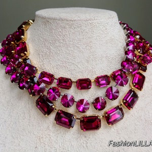 anna wintour necklace, Swarovski fuchsia octagon necklace,Georgian paste,fuchsia rivoli riviere,pink statement necklace,mother of bride