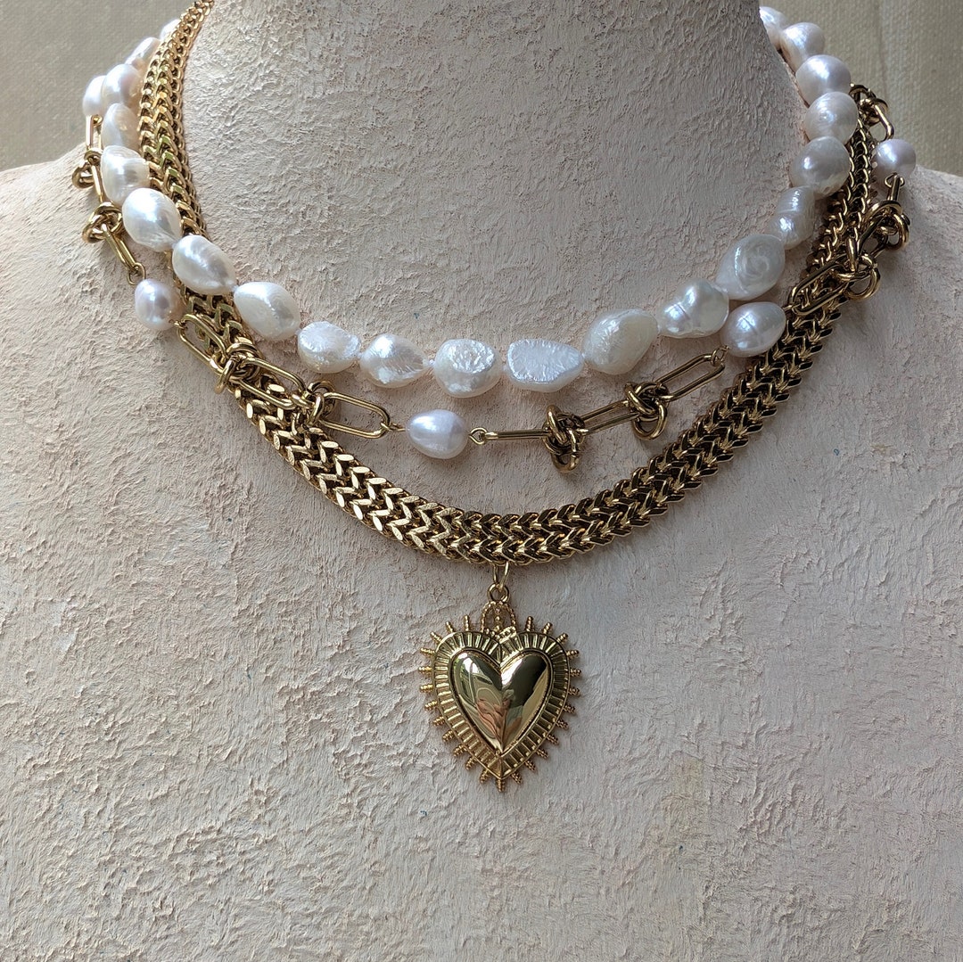 Gold BrassChain Sacred Heart Rose Crystal Charm Necklace