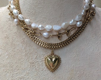 Sacred Heart Boho Chunky Gold Necklace paired with Baroque Pearl Statement Choker, stacked pearl and chain necklace set, perfect gift women