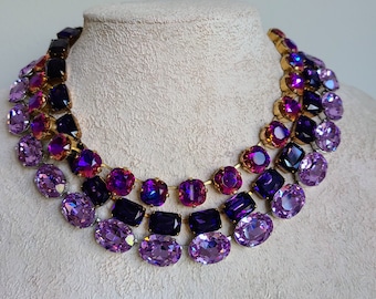 Violet Austrian crystal necklace, Anna Wintour necklace, magenta purple cushion cut collet, amethyst Georgian paste, mother of bride jewelry