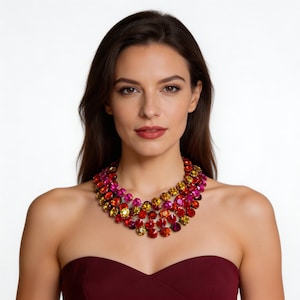Bright Colorful Necklace, Topaz, Ruby, Burnt Orange Crystal, Anna Wintour Style