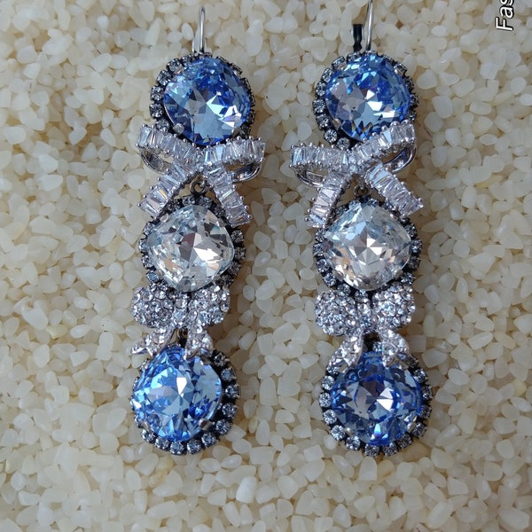 light sapphire earrings,rhinestone bow earrings,sapphire earrings dangle,cushion cut earrings,blue earring,sapphire wedding jewelry