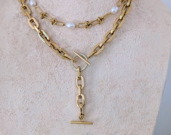 Chunky gold chain t bar necklace, diamond toggle statement necklace, pearl and chain choker, layering chain necklace set, thick chain toggle