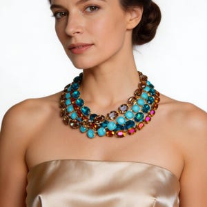 Anna Wintour Inspired Crystal Layered Necklace: Aquamarine, Topaz, Brandy Orange, Champagne, Mother of Bride