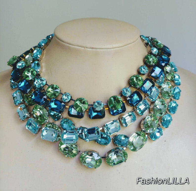 anna wintour necklace, Aquamarine riviere, crystolite green statement collet, sapphire layering Austrian crystal necklace, Georgian paste all 5