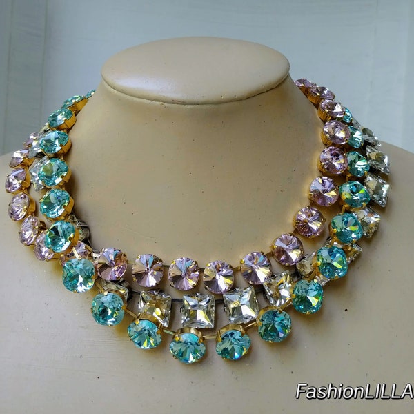 Anna Wintour necklace,Austrian crystal necklace,pink Georgian paste collet, cushion cut aquamarine riviere gold, princess cut necklace